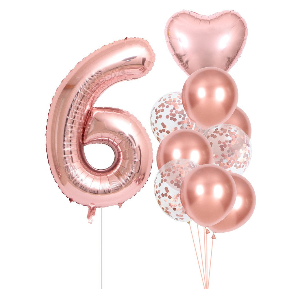 Set 10 Baloane Folie si Latex, ANGELBEAR, Tematica Aniversare, Baloane Latex 25cm, Figurina Inimioara 45 cm, Cifra 6 de 81 cm, Ambalaj Individual, Pai Inclus, Umflare cu Aer sau Heliu, Roz Pal